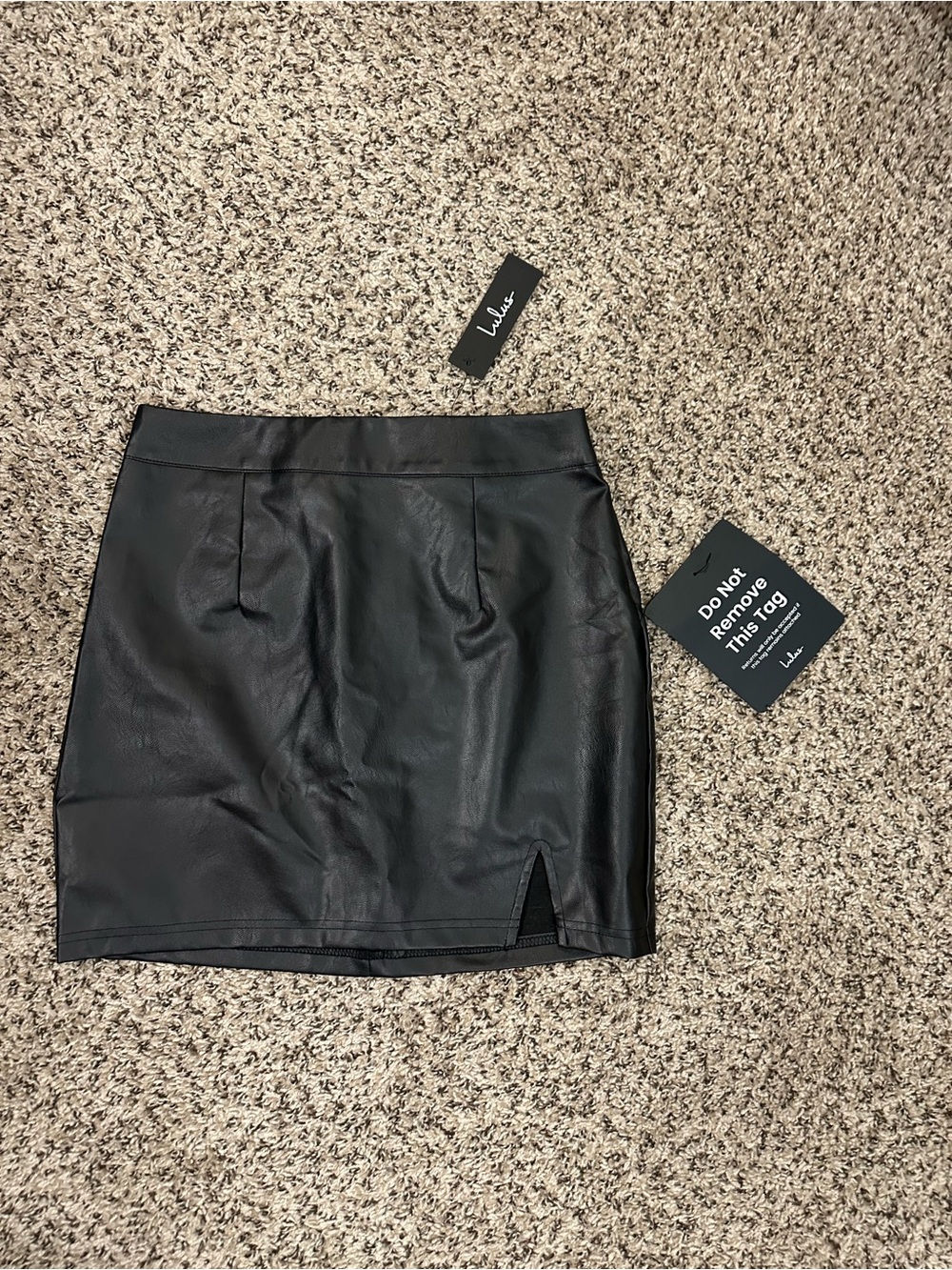 Lulu's Black Faux Leather Mini Skirt with Side Slit Detail